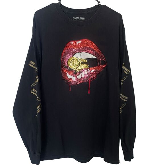 Hardten Shirt Men Large Lips Bullets Sequined Streetwear Cotton Long Sleeve FLAW - Picture 1 of 10